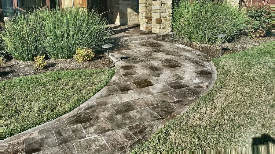 Outdoor stone paving with curved landscaping edges.