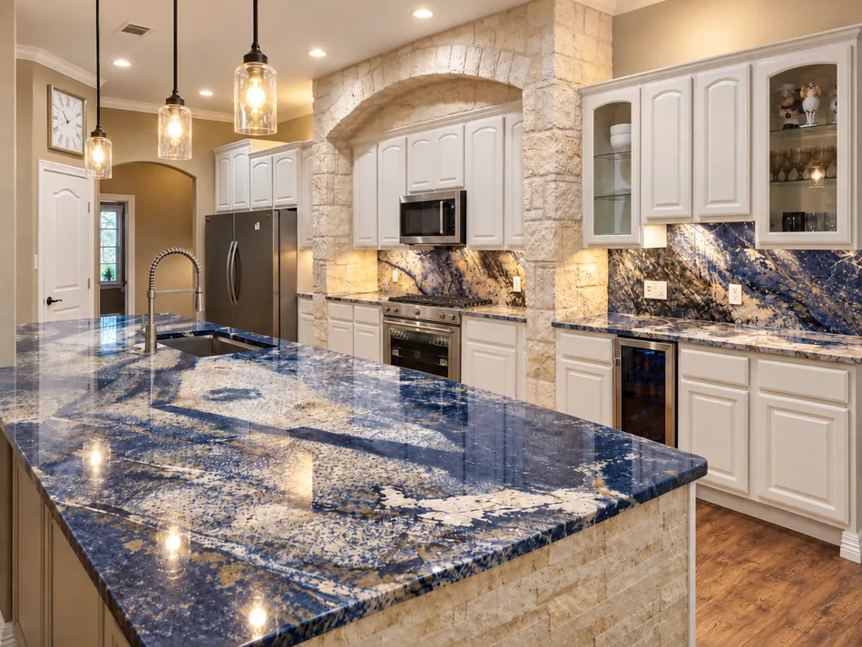 A wide, composed view of the blue-veined stone island and cream cabinetry.