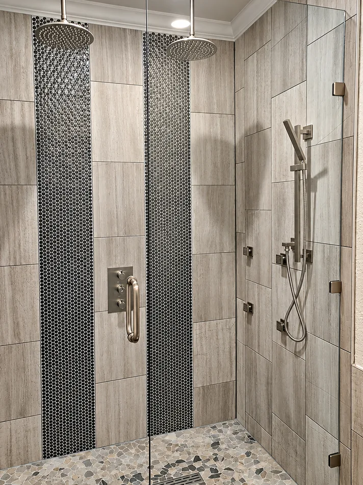 Walk-in shower with dual rain showerheads and mosaic tile accents